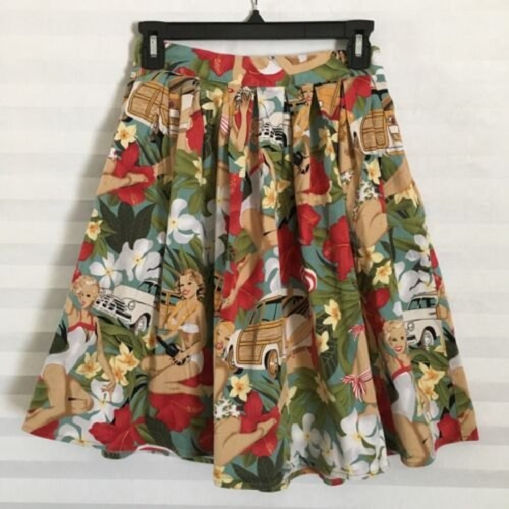 GK Grace Karin Skirt Sz S Floral Island Hawaii‎ Print Pleated Pockets MultiColor
